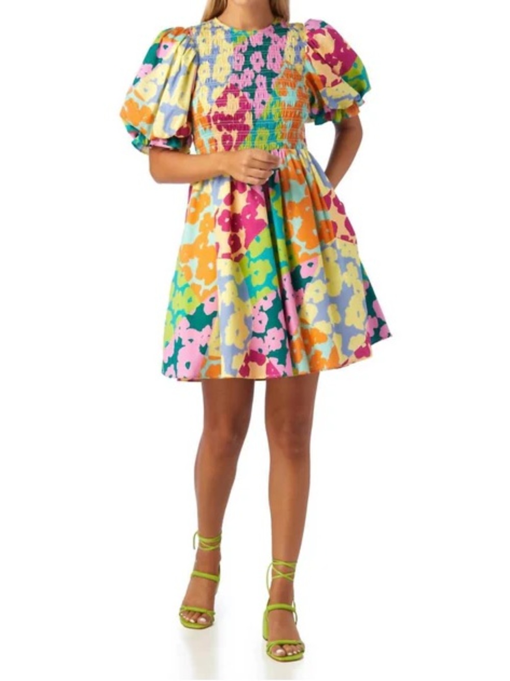 NWT Colorful Floral Print Puff Sleeve Mini Dress - Picture 8 of 11
